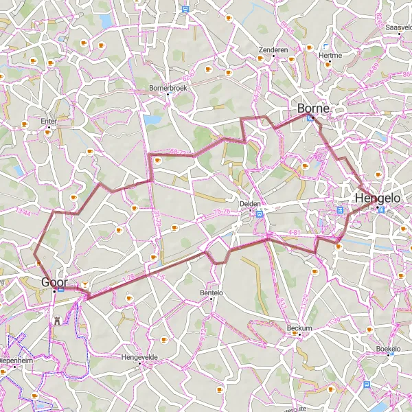 Map miniature of "Wiene and Goor Gravel Loop" cycling inspiration in Overijssel, Netherlands. Generated by Tarmacs.app cycling route planner