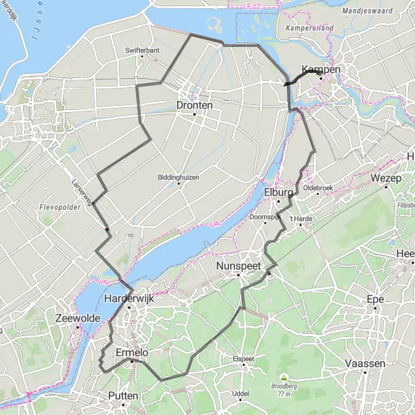 Map miniature of "Kampen to Harderwijk Loop" cycling inspiration in Overijssel, Netherlands. Generated by Tarmacs.app cycling route planner