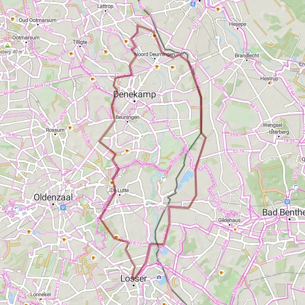 Map miniature of "A Gravel Journey to De Lutte" cycling inspiration in Overijssel, Netherlands. Generated by Tarmacs.app cycling route planner