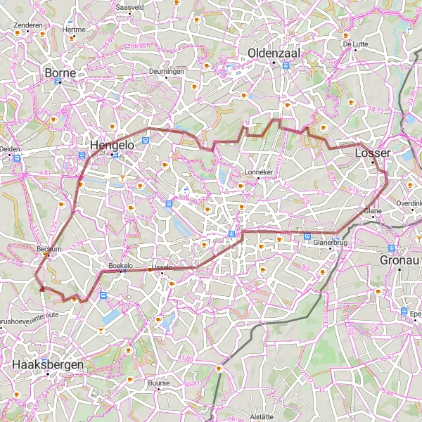 Map miniature of "The Gravel Route to Enschede" cycling inspiration in Overijssel, Netherlands. Generated by Tarmacs.app cycling route planner