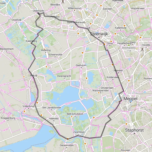 Map miniature of "The Woldberg Viewpoint and the charming town of Steenwijk" cycling inspiration in Overijssel, Netherlands. Generated by Tarmacs.app cycling route planner