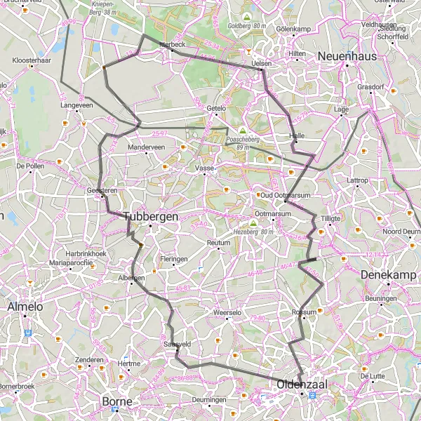 Map miniature of "Road Challenge - Saasveld to Rossum Loop" cycling inspiration in Overijssel, Netherlands. Generated by Tarmacs.app cycling route planner