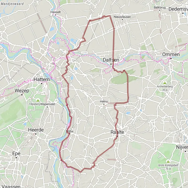 Miniatuurkaart van de fietsinspiratie "Gravelroute Olst en omgeving" in Overijssel, Netherlands. Gemaakt door de Tarmacs.app fietsrouteplanner