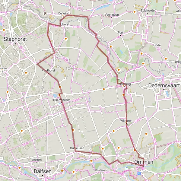 Miniatuurkaart van de fietsinspiratie "Nieuwleusen en De Wijk Gravelroute" in Overijssel, Netherlands. Gemaakt door de Tarmacs.app fietsrouteplanner