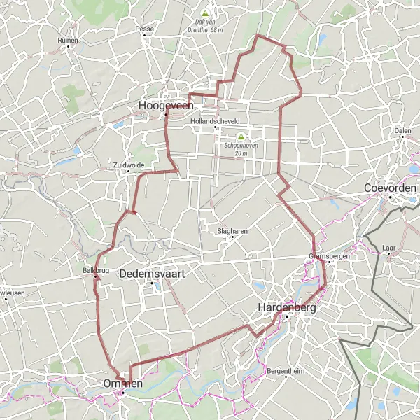 Map miniature of "Countryside Exploration to Nieuw-Balinge and Ane" cycling inspiration in Overijssel, Netherlands. Generated by Tarmacs.app cycling route planner