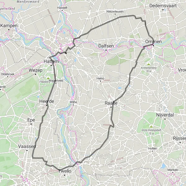 Map miniature of "Ommen - Hattem Loop" cycling inspiration in Overijssel, Netherlands. Generated by Tarmacs.app cycling route planner