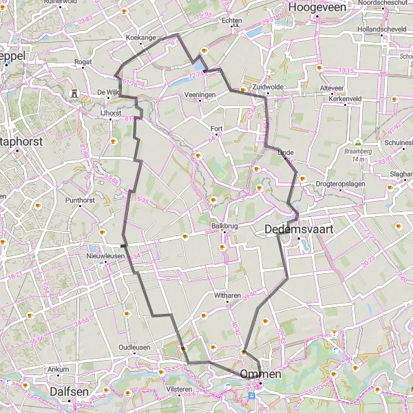 Map miniature of "Exploring Scenic Routes to Den Hulst and Dedemsvaart" cycling inspiration in Overijssel, Netherlands. Generated by Tarmacs.app cycling route planner
