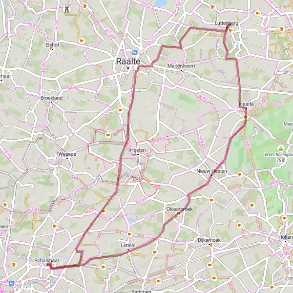 Map miniature of "Peaceful Gravel Loop around Schalkhaar" cycling inspiration in Overijssel, Netherlands. Generated by Tarmacs.app cycling route planner
