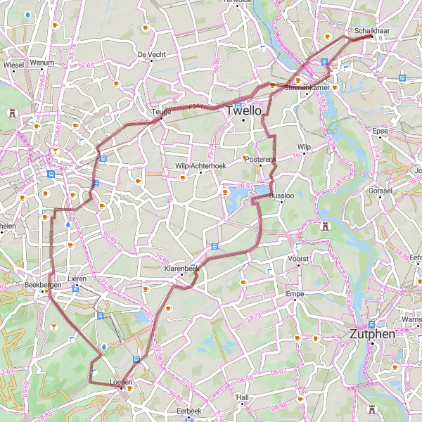 Map miniature of "Gravel Route from Schalkhaar to Deventer" cycling inspiration in Overijssel, Netherlands. Generated by Tarmacs.app cycling route planner
