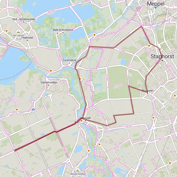 Map miniature of "Gravel Adventure to Staphorst" cycling inspiration in Overijssel, Netherlands. Generated by Tarmacs.app cycling route planner