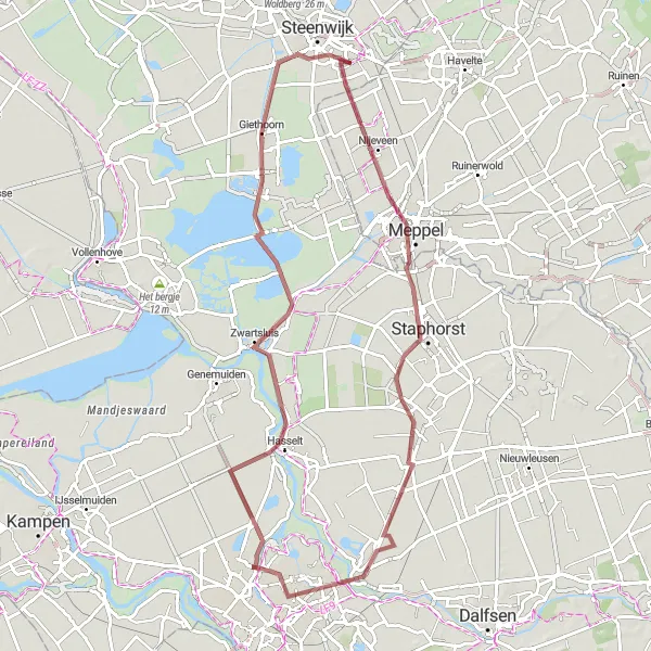 Miniatuurkaart van de fietsinspiratie "Gravelroute langs Nijeveen en Zwartsluis" in Overijssel, Netherlands. Gemaakt door de Tarmacs.app fietsrouteplanner