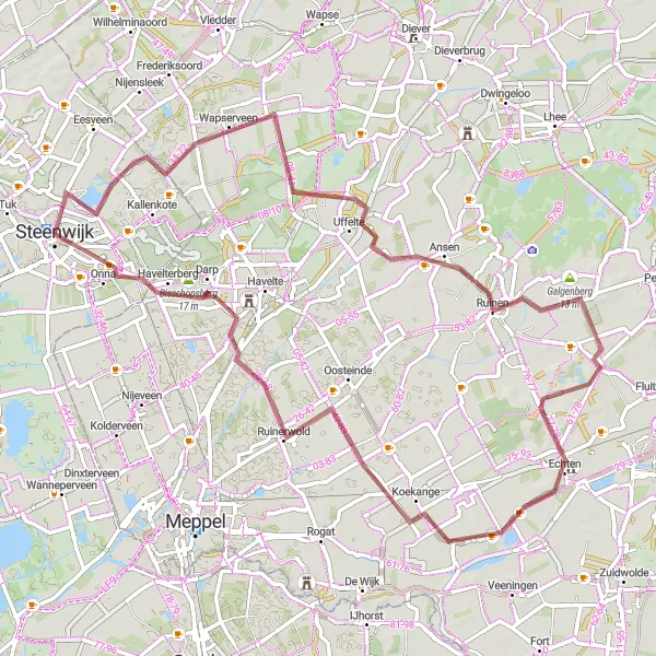 Map miniature of "The Wapserveen Gravel Adventure" cycling inspiration in Overijssel, Netherlands. Generated by Tarmacs.app cycling route planner