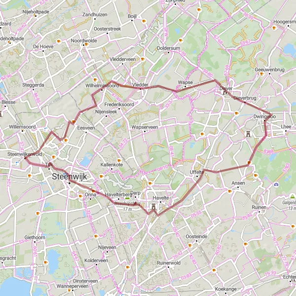 Miniatuurkaart van de fietsinspiratie "Graveltocht door Drents-Friese Wold" in Overijssel, Netherlands. Gemaakt door de Tarmacs.app fietsrouteplanner