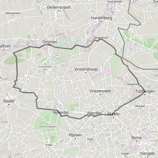 Map miniature of "The Road Route through Almelo, Nijverdal, Nijverdalse Berg, Luttenberg, Vilsteren, Distelbelt, Bergentheim, and Langeveen" cycling inspiration in Overijssel, Netherlands. Generated by Tarmacs.app cycling route planner