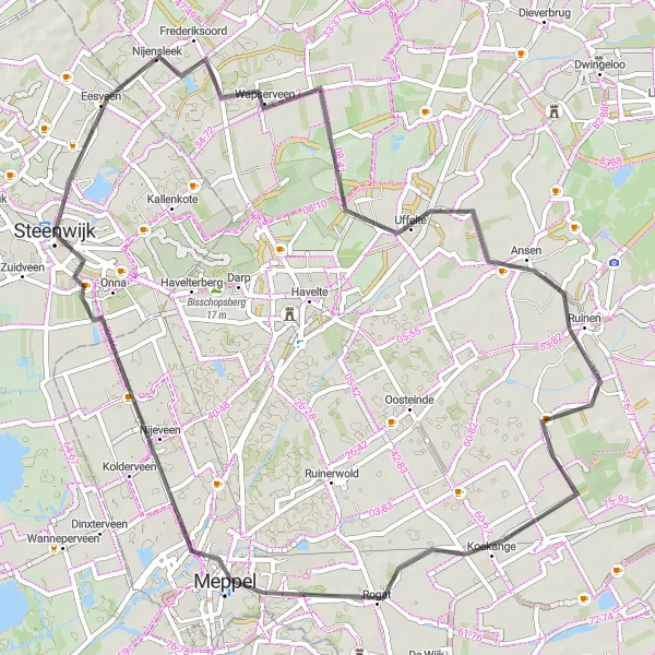 Map miniature of "Road to Ruinen and Steenwijk" cycling inspiration in Overijssel, Netherlands. Generated by Tarmacs.app cycling route planner