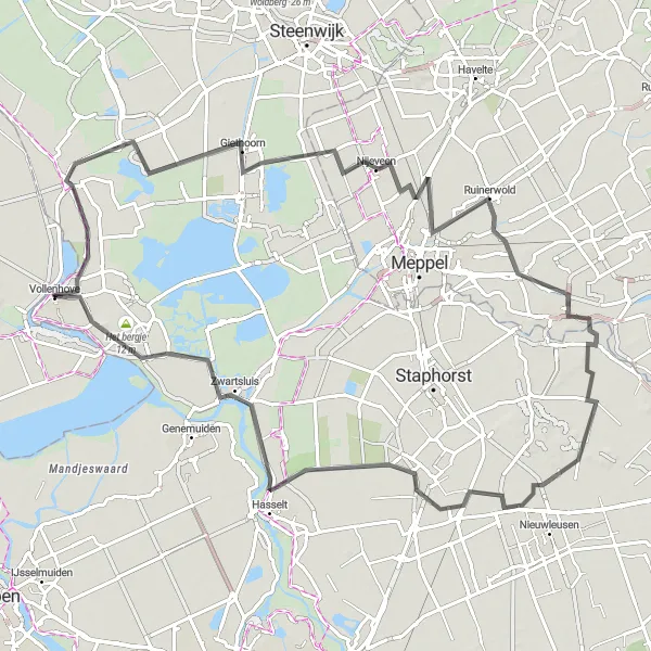 Map miniature of "Giethoorn and the Surrounding Villages" cycling inspiration in Overijssel, Netherlands. Generated by Tarmacs.app cycling route planner