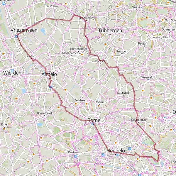 Map miniature of "Gravel Route: Vriezenveen, Albergen, Deurningen, Hengelo, Borne, Almelo" cycling inspiration in Overijssel, Netherlands. Generated by Tarmacs.app cycling route planner