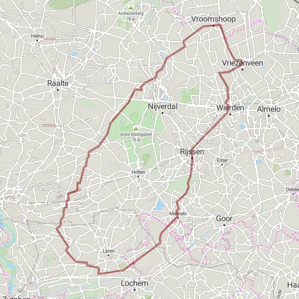 Map miniature of "Gravel Route: Wierden, Friezenberg, Markelo, Harfsen, Nieuw Heeten, Hellendoornse Berg, Vroomshoop" cycling inspiration in Overijssel, Netherlands. Generated by Tarmacs.app cycling route planner