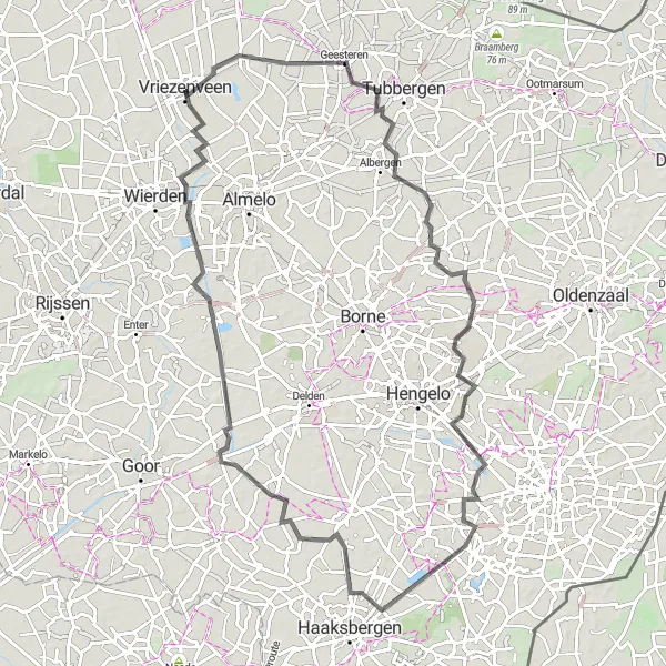 Map miniature of "Road Route: Geesteren, Deurningen, Usselo, Wiene, Aadorp" cycling inspiration in Overijssel, Netherlands. Generated by Tarmacs.app cycling route planner