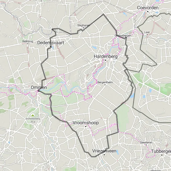 Map miniature of "Road Route: Mageleresch, Den Ham, Dedemsvaart, Ane, Kloosterhaar" cycling inspiration in Overijssel, Netherlands. Generated by Tarmacs.app cycling route planner