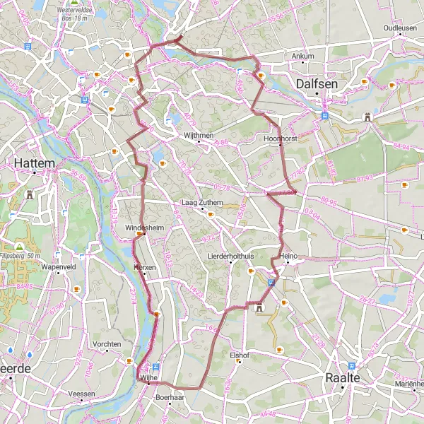 Map miniature of "Windesheim and Kasteel het Nijenhuis Gravel Route" cycling inspiration in Overijssel, Netherlands. Generated by Tarmacs.app cycling route planner