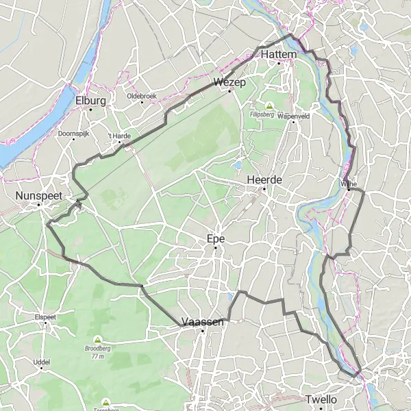 Miniatuurkaart van de fietsinspiratie "Veluwe en IJsselvallei Verkenning" in Overijssel, Netherlands. Gemaakt door de Tarmacs.app fietsrouteplanner