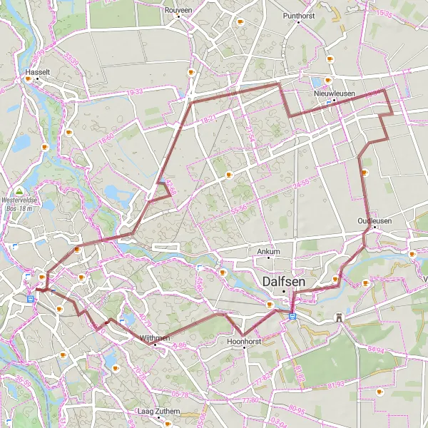 Map miniature of "Gravel Route: Through the countryside near Zwolle" cycling inspiration in Overijssel, Netherlands. Generated by Tarmacs.app cycling route planner