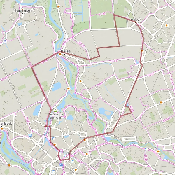 Miniatuurkaart van de fietsinspiratie "Gravelroute via Hasselt en Rouveen" in Overijssel, Netherlands. Gemaakt door de Tarmacs.app fietsrouteplanner