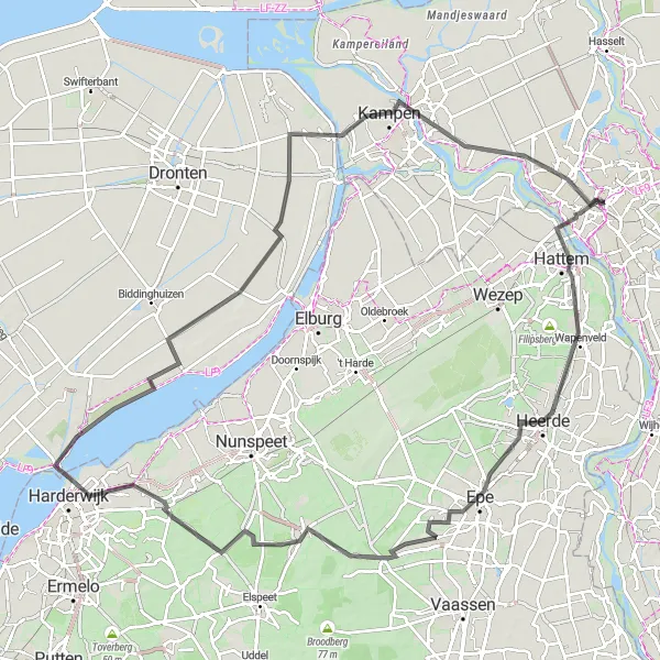 Miniatuurkaart van de fietsinspiratie "Wapenveld naar Zwolle Road Route" in Overijssel, Netherlands. Gemaakt door de Tarmacs.app fietsrouteplanner