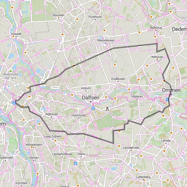 Map miniature of "Zwolle - Vestingwerken Zwolle - Ruitenveen - Ommerschans - Giethmen - Zalne - Zwolle" cycling inspiration in Overijssel, Netherlands. Generated by Tarmacs.app cycling route planner