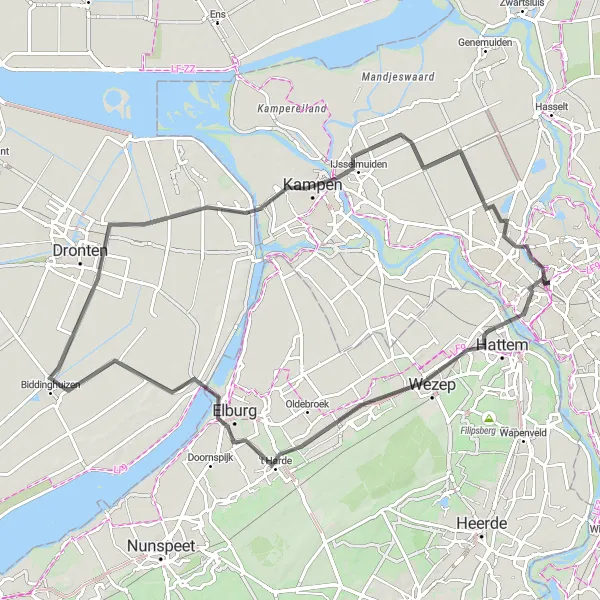 Map miniature of "Zwolle - Hattemerbroek - 't Harde - Hokseberg - Biddinghuizen - Kampen - Zwolle" cycling inspiration in Overijssel, Netherlands. Generated by Tarmacs.app cycling route planner