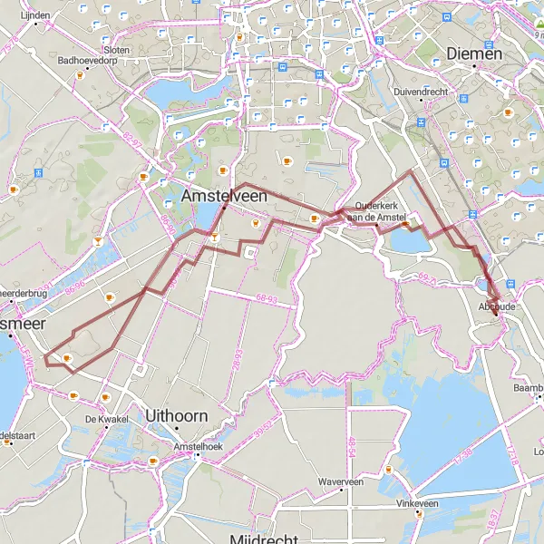 Map miniature of "Amstelveen Gravel Adventure" cycling inspiration in Utrecht, Netherlands. Generated by Tarmacs.app cycling route planner