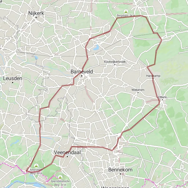 Map miniature of "Gravel Ride through Scherpenzeel, Voorthuizen, and Otterlo" cycling inspiration in Utrecht, Netherlands. Generated by Tarmacs.app cycling route planner