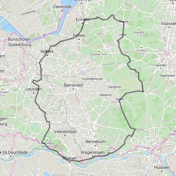 Miniatuurkaart van de fietsinspiratie "Amerongen - Overberg - Hoevelaken - Haspelberg - Elspeet - Nieuw-Milligen - Radio Kootwijk - Otterlo - Oud Reemst - Kijkpunt - Heelsum - Grebbeberg - Amerongse Bovenpolder - Platform - Amerongen" in Utrecht, Netherlands. Gemaakt door de Tarmacs.app fietsrouteplanner