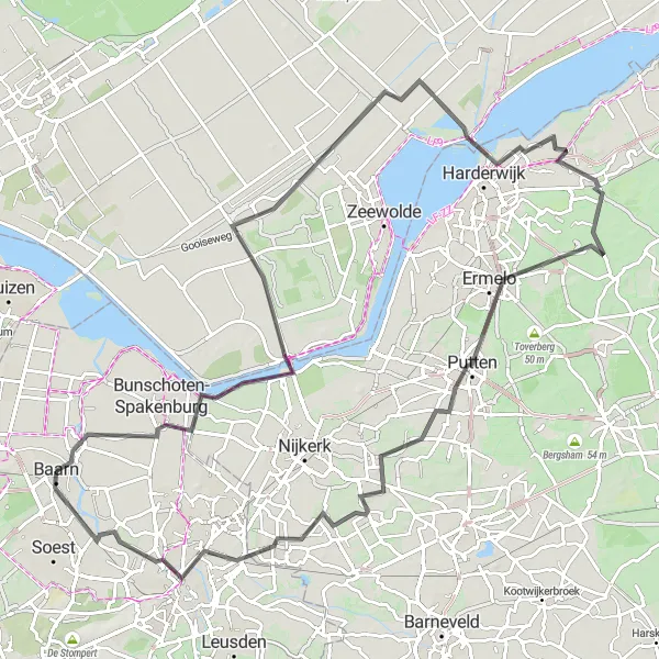 Map miniature of "The Amazing Veluwemeer" cycling inspiration in Utrecht, Netherlands. Generated by Tarmacs.app cycling route planner