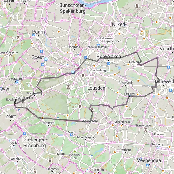 Map miniature of "Road Cycling Adventure to Amersfoort and Austerlitz" cycling inspiration in Utrecht, Netherlands. Generated by Tarmacs.app cycling route planner