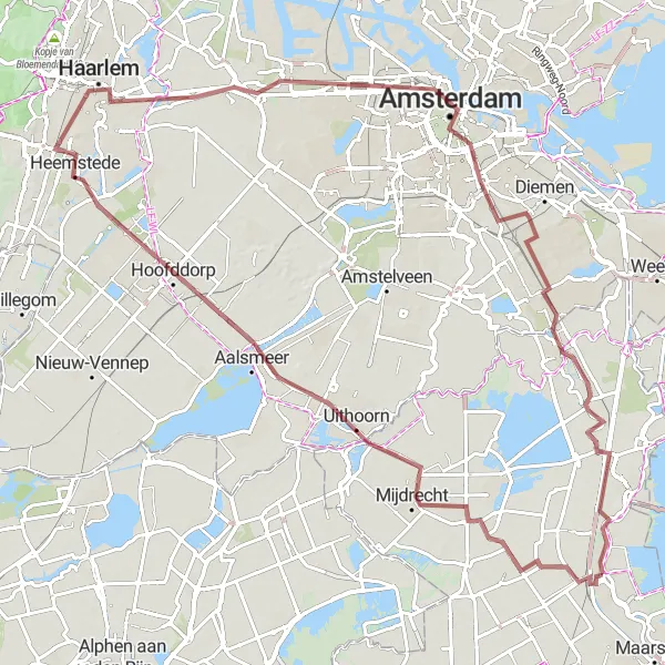 Miniatuurkaart van de fietsinspiratie "Gravelroute van Breukelen naar Amsterdam en terug" in Utrecht, Netherlands. Gemaakt door de Tarmacs.app fietsrouteplanner