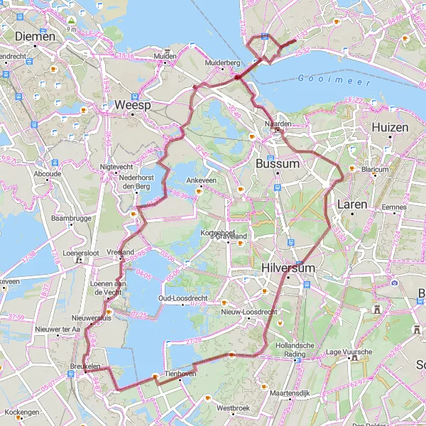 Miniatuurkaart van de fietsinspiratie "Gravelroute van Breukelen naar Hilversum en terug" in Utrecht, Netherlands. Gemaakt door de Tarmacs.app fietsrouteplanner