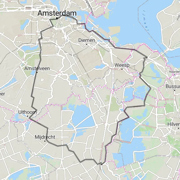 Miniatuurkaart van de fietsinspiratie "Amsterdamse Glorie en Natuurpracht" in Utrecht, Netherlands. Gemaakt door de Tarmacs.app fietsrouteplanner