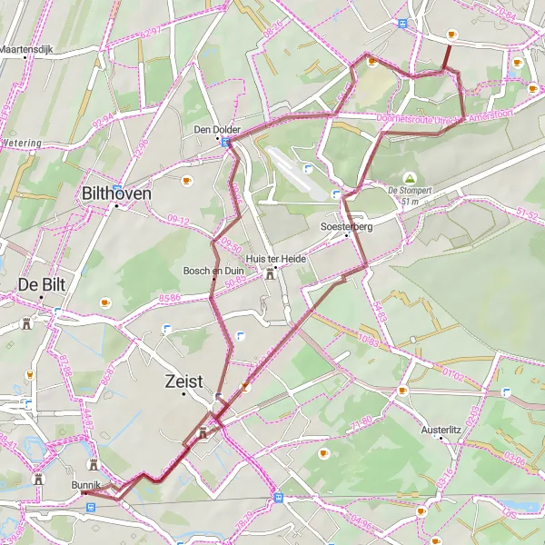 Map miniature of "Den Dolder to Huis Cammingha Gravel Ride" cycling inspiration in Utrecht, Netherlands. Generated by Tarmacs.app cycling route planner