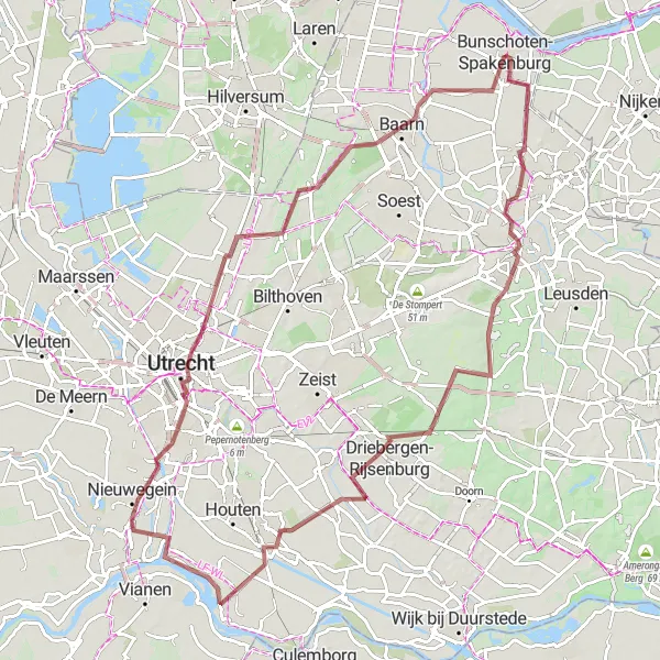 Map miniature of "Historic Gravel Ride around Amersfoort" cycling inspiration in Utrecht, Netherlands. Generated by Tarmacs.app cycling route planner