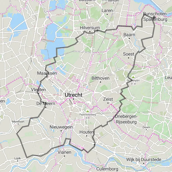 Miniatuurkaart van de fietsinspiratie "Tocht langs Soestduinen en Hilversum" in Utrecht, Netherlands. Gemaakt door de Tarmacs.app fietsrouteplanner