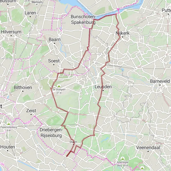 Miniatuurkaart van de fietsinspiratie "Gravelroute vanuit Cothen naar Nijkerkerveen en Leusden" in Utrecht, Netherlands. Gemaakt door de Tarmacs.app fietsrouteplanner