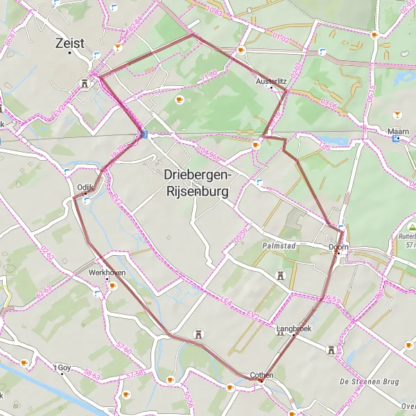 Miniatuurkaart van de fietsinspiratie "Gravelroute vanuit Cothen via Beerschoten naar Doorn" in Utrecht, Netherlands. Gemaakt door de Tarmacs.app fietsrouteplanner