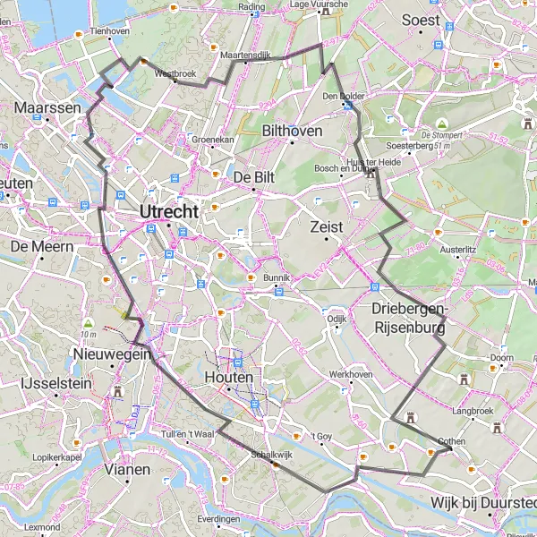 Miniatuurkaart van de fietsinspiratie "Rivieren en Historische Steden" in Utrecht, Netherlands. Gemaakt door de Tarmacs.app fietsrouteplanner