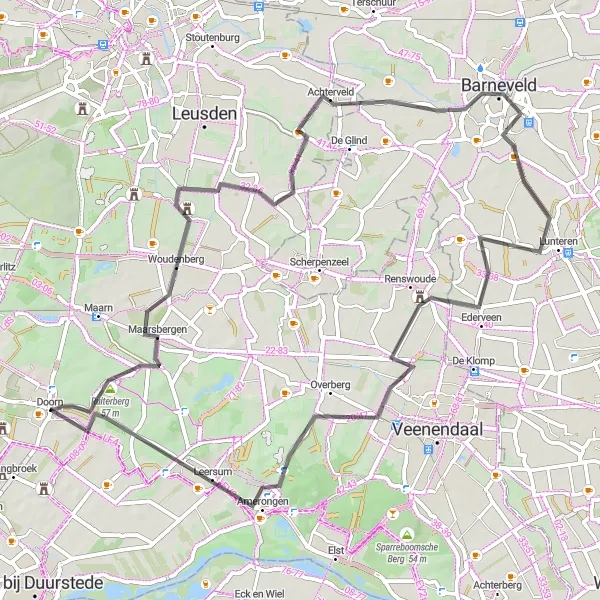 Miniatuurkaart van de fietsinspiratie "Fietsroute Doorn - Ruiterberg - Woudenberg - Barneveld - Renswoude - Emminkhuizerberg - Amerongse Bovenpolder" in Utrecht, Netherlands. Gemaakt door de Tarmacs.app fietsrouteplanner