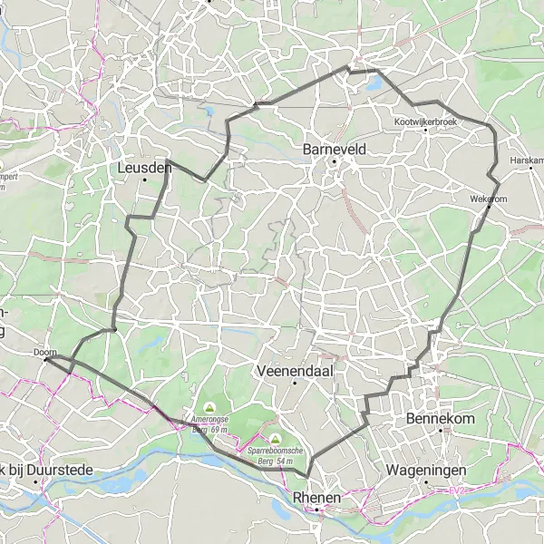 Map miniature of "Road Cycling Challenge to Voorthuizen and Wekerom" cycling inspiration in Utrecht, Netherlands. Generated by Tarmacs.app cycling route planner