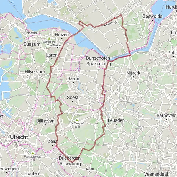 Map miniature of "Gravel Adventure from Driebergen-Rijsenburg to Amersfoort" cycling inspiration in Utrecht, Netherlands. Generated by Tarmacs.app cycling route planner