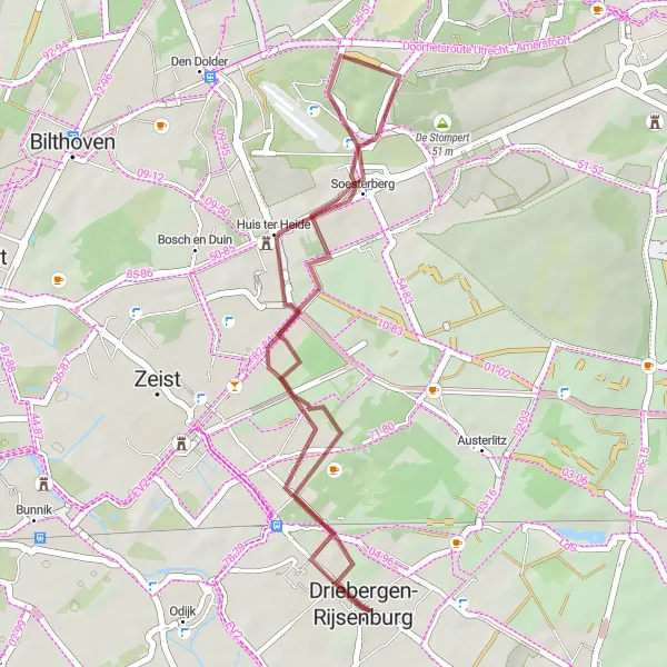 Map miniature of "Scenic Gravel Ride to Keienhuisje and Soesterberg" cycling inspiration in Utrecht, Netherlands. Generated by Tarmacs.app cycling route planner