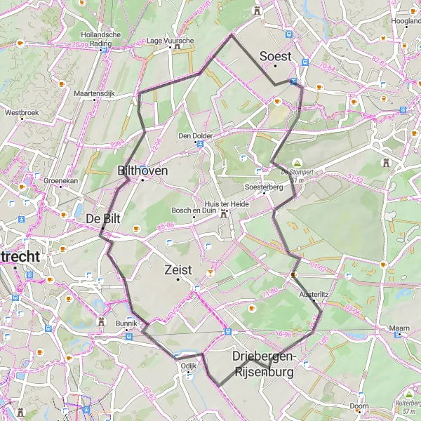 Map miniature of "Scenic loop through the Utrechtse Heuvelrug National Park" cycling inspiration in Utrecht, Netherlands. Generated by Tarmacs.app cycling route planner